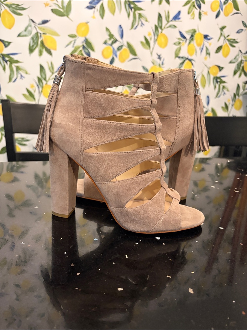 Taupe Suede Strappy High-Heel Booties with Tassel Detail